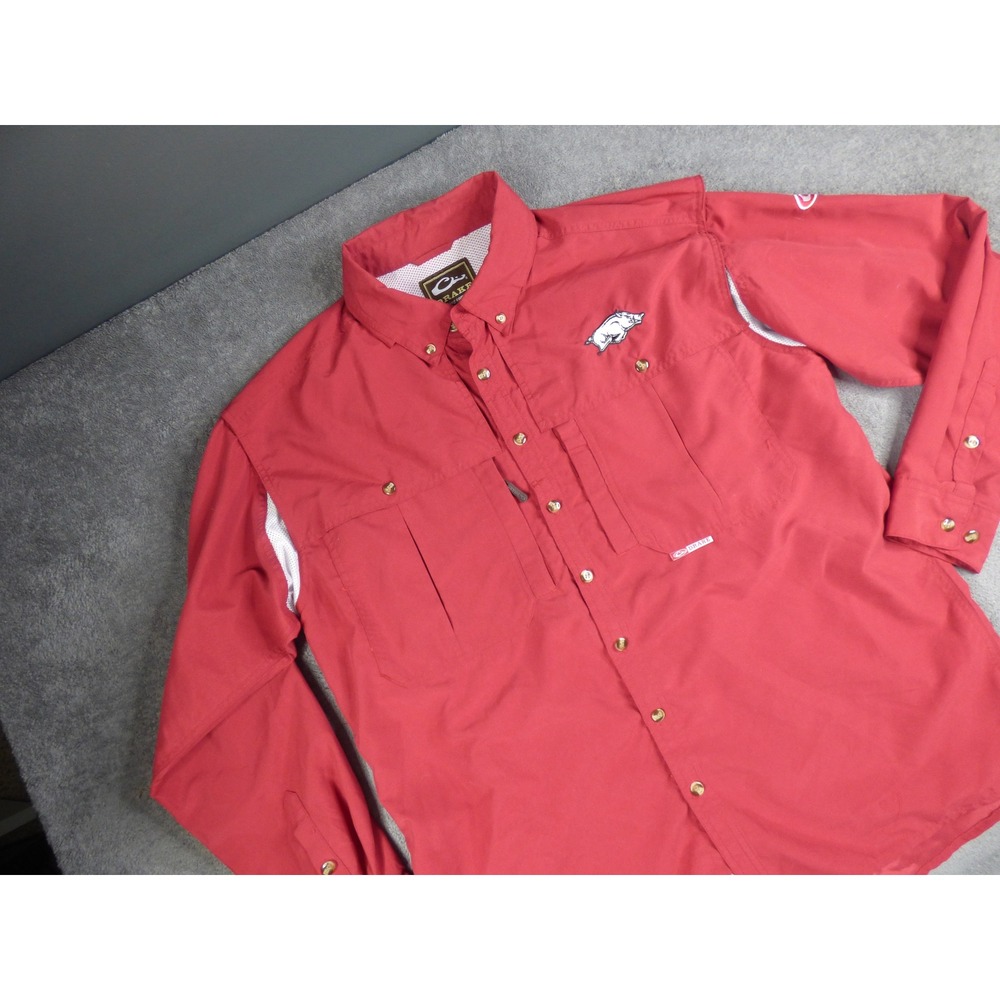 Arkansas Razorbacks Drake Waterfowl Fishing Shirt Mens Large Red Button Down